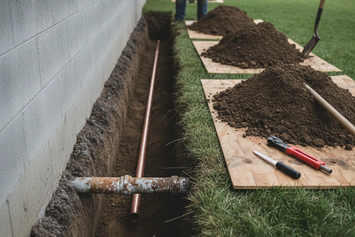 Excavated water line trench during Water Softener Installation in Halethorpe